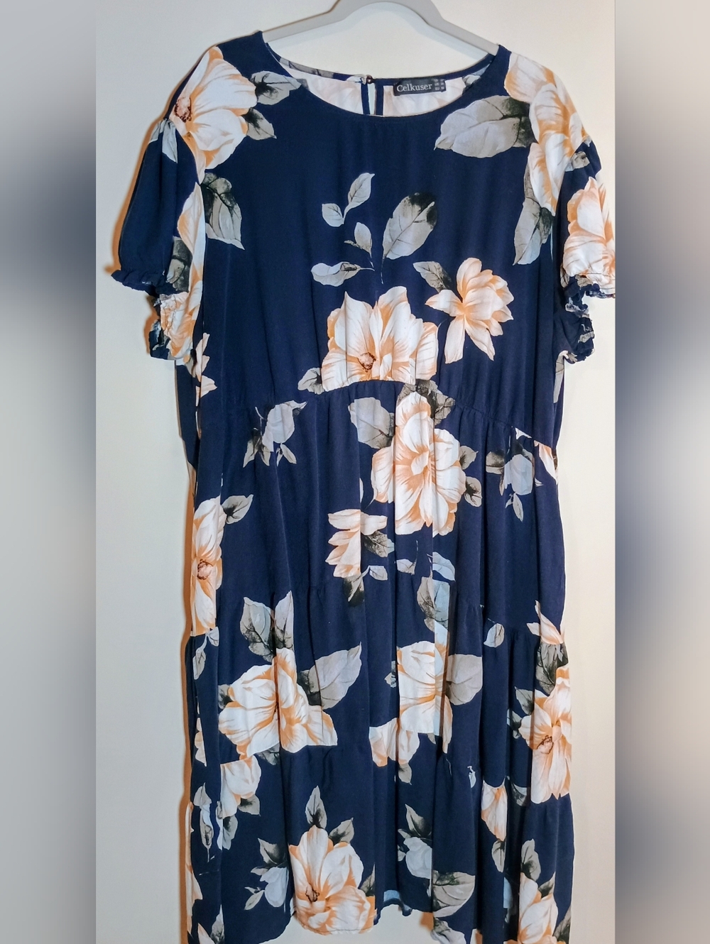 Celkuser Women's Plus Size 26 Navy Floral Maxi Dress with Peach Blooms